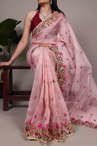 exquisite zari kota tissue saree with elegant thread embroidery