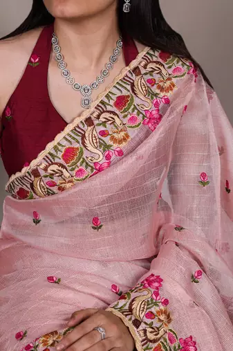 exquisite zari kota tissue saree with elegant thread embroidery