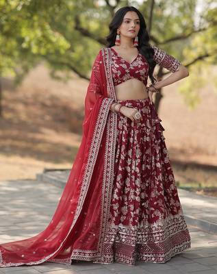 Maroon Color Viscose Jacquard Embroidered Sequins Work Lehenga Choli With Dupatta 1