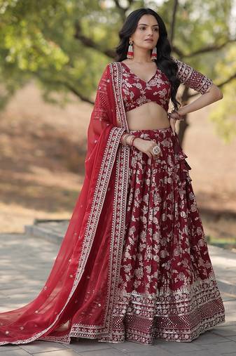Maroon Color Viscose Jacquard Embroidered Sequins Work Lehenga Choli With Dupatta