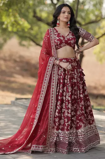 Maroon Color Viscose Jacquard Embroidered Sequins Work Lehenga Choli With Dupatta