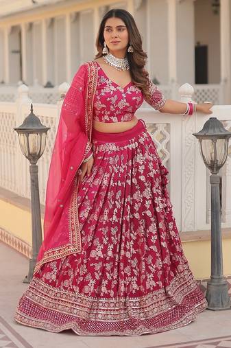 Pink Color Viscose Jacquard Embroidered Sequins Work Lehenga Choli With Dupatta