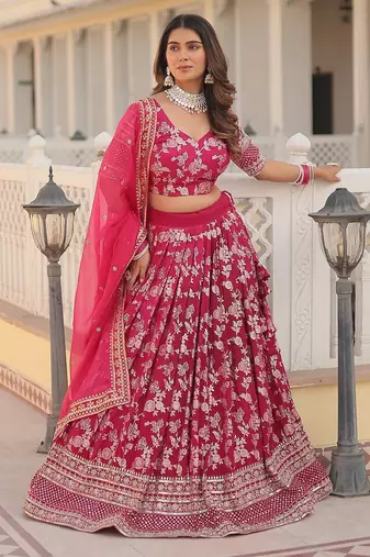 Pink Color Viscose Jacquard Embroidered Sequins Work Lehenga Choli With Dupatta
