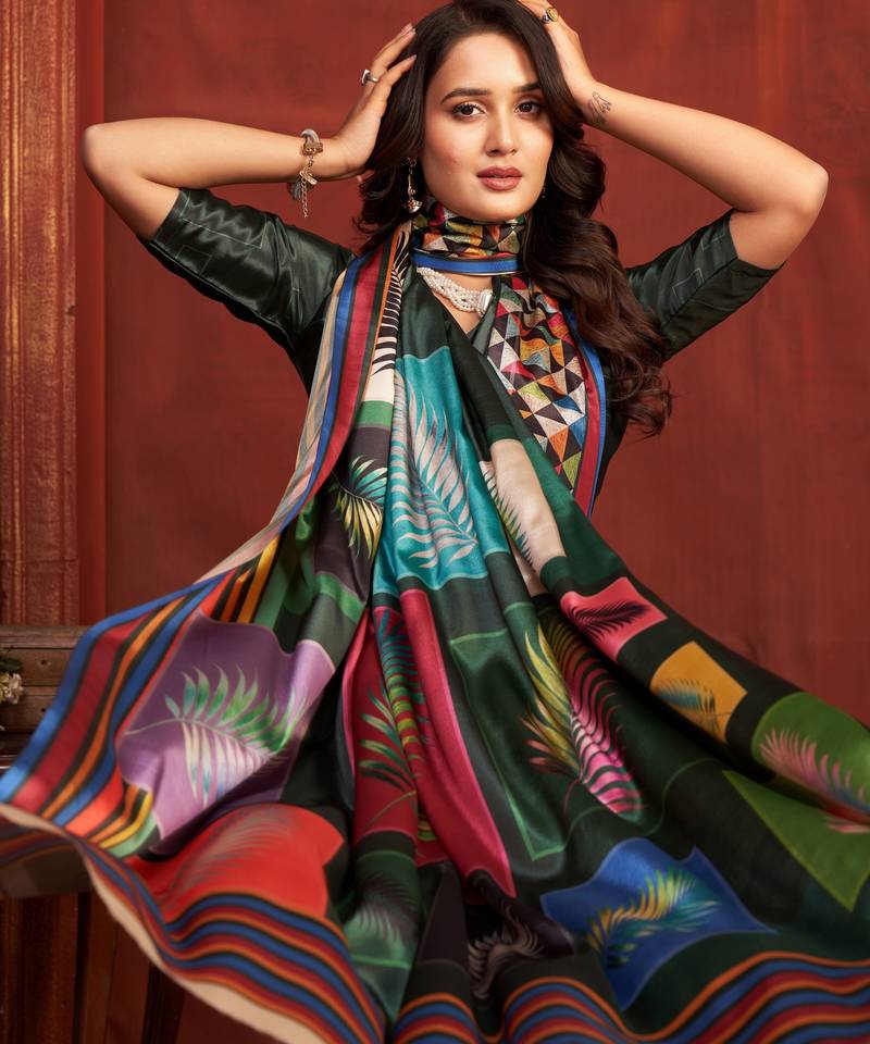 black color malai crepe art silk fabric designer digital printed girlie fashinova saree