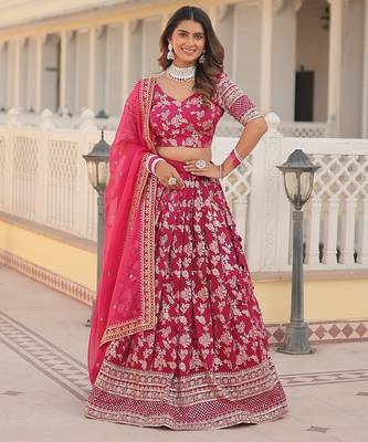 Pink Color Viscose Jacquard Embroidered Sequins Work Lehenga Choli With Dupatta 3