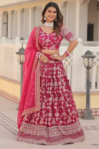 Pink Color Viscose Jacquard Embroidered Sequins Work Lehenga Choli With Dupatta
