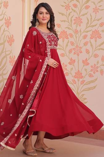 Maroon Faux Blooming Beads Embroidered Gown for Women | Fully Stitched Party & Festive Wear Gown with Matching Dupatta