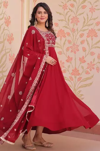 Maroon Faux Blooming Beads Embroidered Gown for Women | Fully Stitched Party & Festive Wear Gown with Matching Dupatta