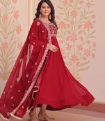 Maroon Faux Blooming Beads Embroidered Gown for Women | Fully Stitched Party & Festive Wear Gown with Matching Dupatta