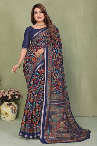 blue color mul cotton fabric designer printed partywear saree