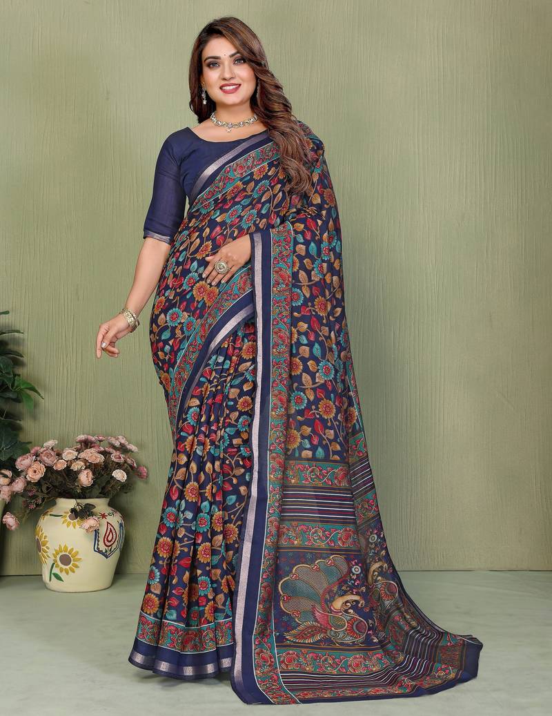 blue color mul cotton fabric designer printed partywear saree