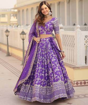Purple Color Viscose Jacquard Embroidered Sequins Work Lehenga Choli With Dupatta 1