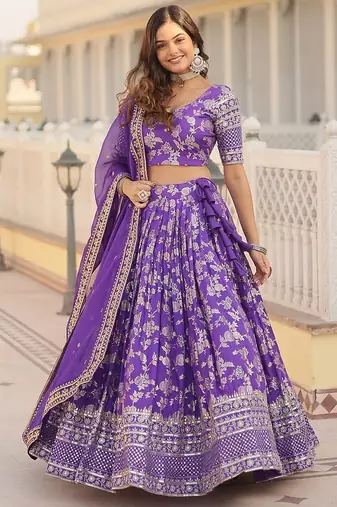 Purple Color Viscose Jacquard Embroidered Sequins Work Lehenga Choli With Dupatta