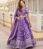 Purple Color Viscose Jacquard Embroidered Sequins Work Lehenga Choli With Dupatta