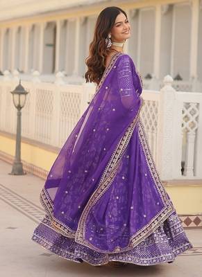 Purple Color Viscose Jacquard Embroidered Sequins Work Lehenga Choli With Dupatta 2