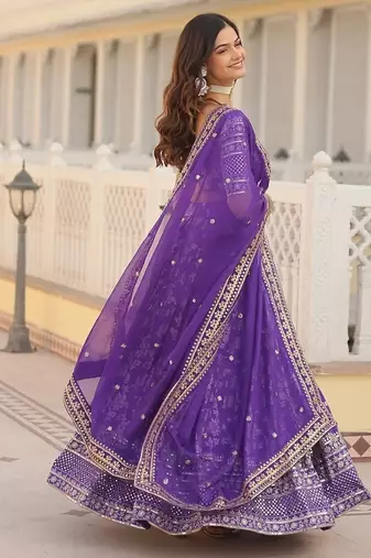 Purple Color Viscose Jacquard Embroidered Sequins Work Lehenga Choli With Dupatta