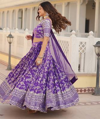 Purple Color Viscose Jacquard Embroidered Sequins Work Lehenga Choli With Dupatta 3