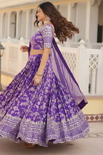 Purple Color Viscose Jacquard Embroidered Sequins Work Lehenga Choli With Dupatta