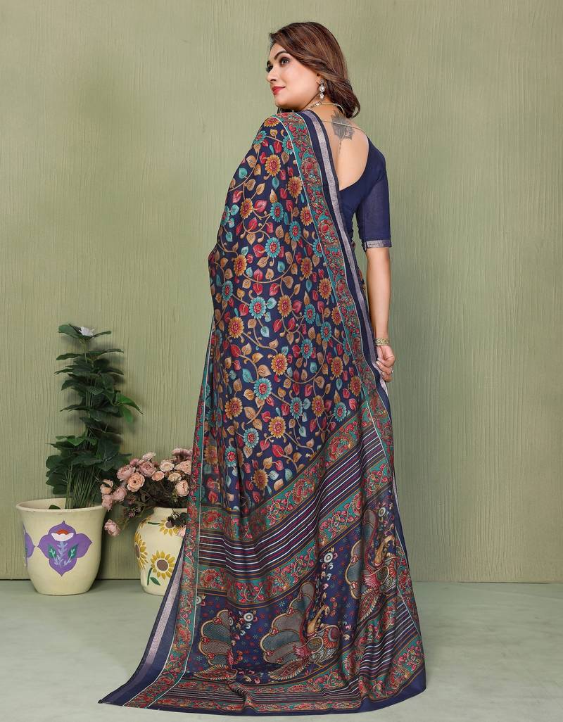 blue color mul cotton fabric designer printed partywear saree