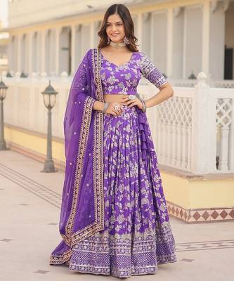 Purple Color Viscose Jacquard Embroidered Sequins Work Lehenga Choli With Dupatta 4