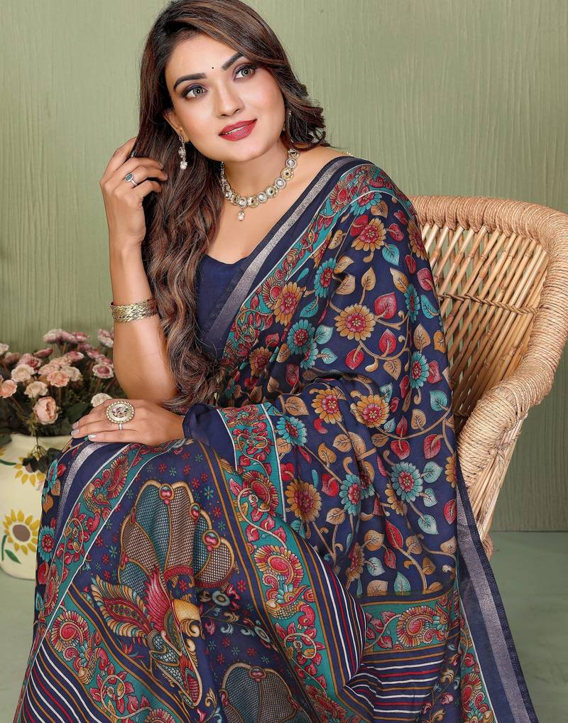 blue color mul cotton fabric designer printed partywear saree
