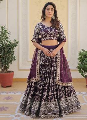 Wine Color Viscose Jacquard Embroidered Sequins Work Lehenga Choli With Dupatta 1