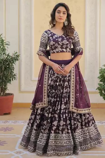 Wine Color Viscose Jacquard Embroidered Sequins Work Lehenga Choli With Dupatta