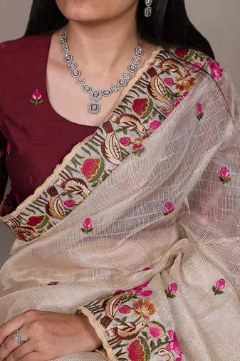 exquisite zari kota tissue saree with elegant thread embroidery