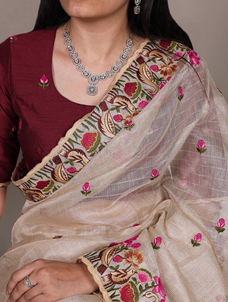 exquisite zari kota tissue saree with elegant thread embroidery