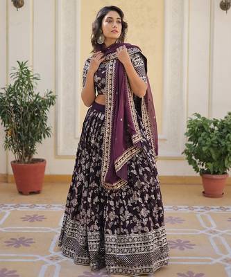 Wine Color Viscose Jacquard Embroidered Sequins Work Lehenga Choli With Dupatta 2