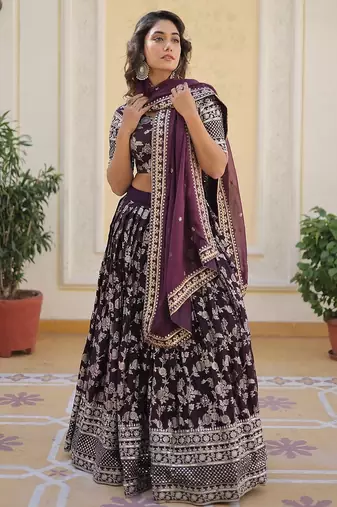 Wine Color Viscose Jacquard Embroidered Sequins Work Lehenga Choli With Dupatta