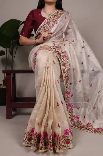 exquisite zari kota tissue saree with elegant thread embroidery