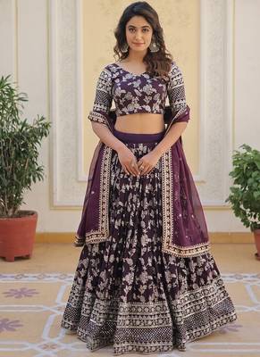 Wine Color Viscose Jacquard Embroidered Sequins Work Lehenga Choli With Dupatta 3