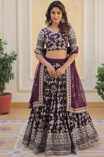 Wine Color Viscose Jacquard Embroidered Sequins Work Lehenga Choli With Dupatta