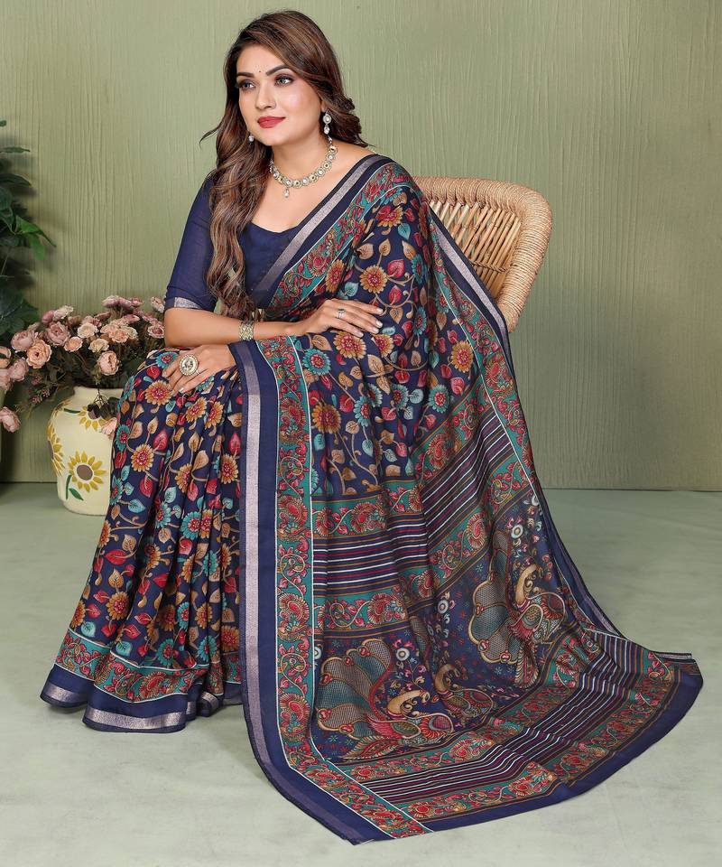 blue color mul cotton fabric designer printed partywear saree