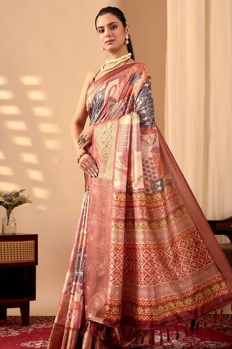 peach soft lichi silk blend saree with traditional multicolor digital prints & designer contrast blouse