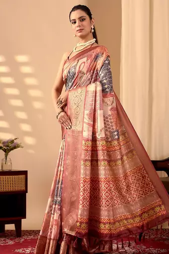 peach soft lichi silk blend saree with traditional multicolor digital prints & designer contrast blouse