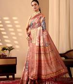 peach soft lichi silk blend saree with traditional multicolor digital prints & designer contrast blouse