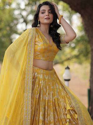 Yellow Color Viscose Jacquard Embroidered Sequins Work Lehenga Choli With Dupatta 1