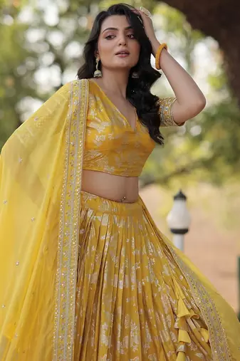 Yellow Color Viscose Jacquard Embroidered Sequins Work Lehenga Choli With Dupatta