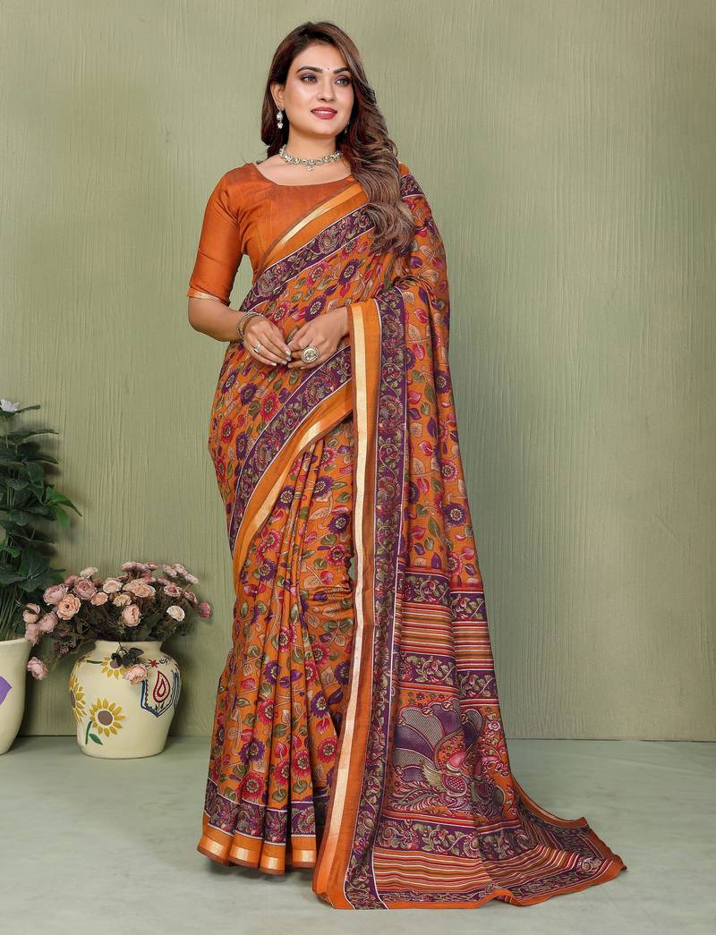 mustard color mul cotton fabric designer printed partywear saree