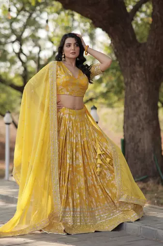 Yellow Color Viscose Jacquard Embroidered Sequins Work Lehenga Choli With Dupatta