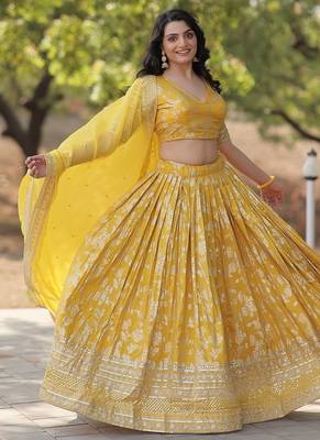 Yellow Color Viscose Jacquard Embroidered Sequins Work Lehenga Choli With Dupatta 3
