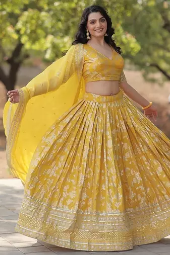 Yellow Color Viscose Jacquard Embroidered Sequins Work Lehenga Choli With Dupatta