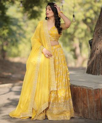 Yellow Color Viscose Jacquard Embroidered Sequins Work Lehenga Choli With Dupatta 4