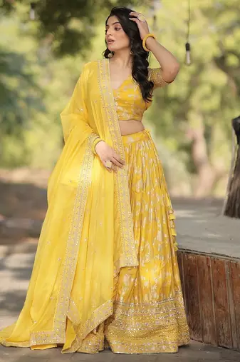 Yellow Color Viscose Jacquard Embroidered Sequins Work Lehenga Choli With Dupatta