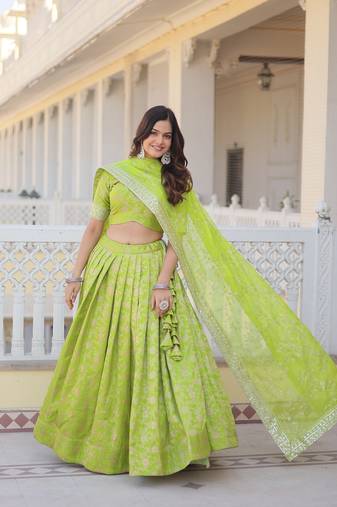 Green Color Viscose Jacquard Embroidered Sequins Work Lehenga Choli With Dupatta