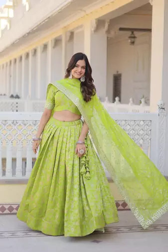 Green Color Viscose Jacquard Embroidered Sequins Work Lehenga Choli With Dupatta