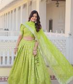 Green Color Viscose Jacquard Embroidered Sequins Work Lehenga Choli With Dupatta