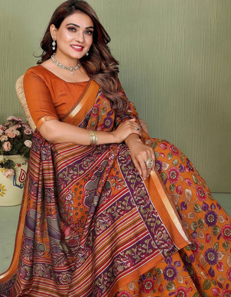 mustard color mul cotton fabric designer printed partywear saree